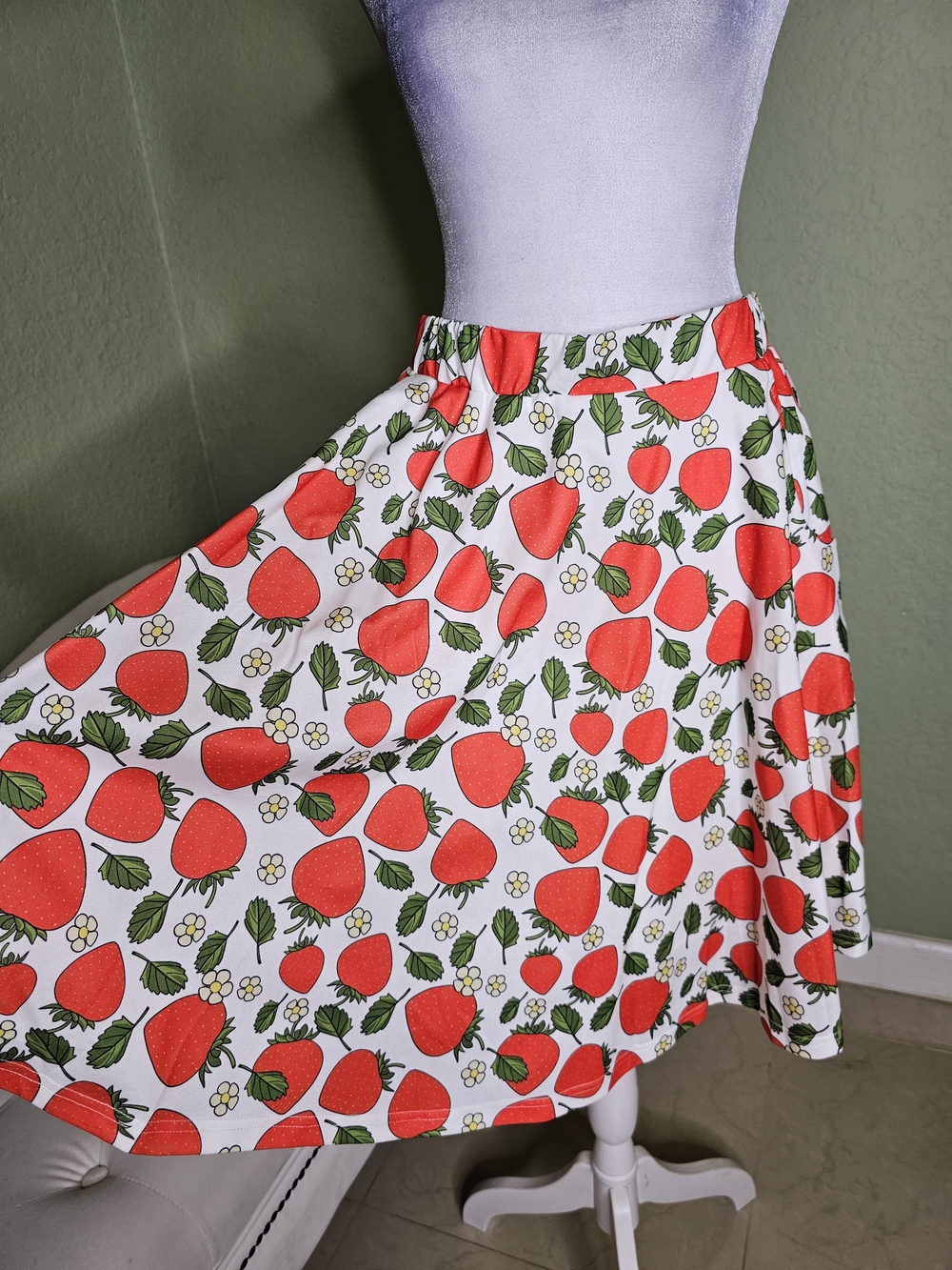 SHEIN White A-Line Skirt with Red Strawberry Print
